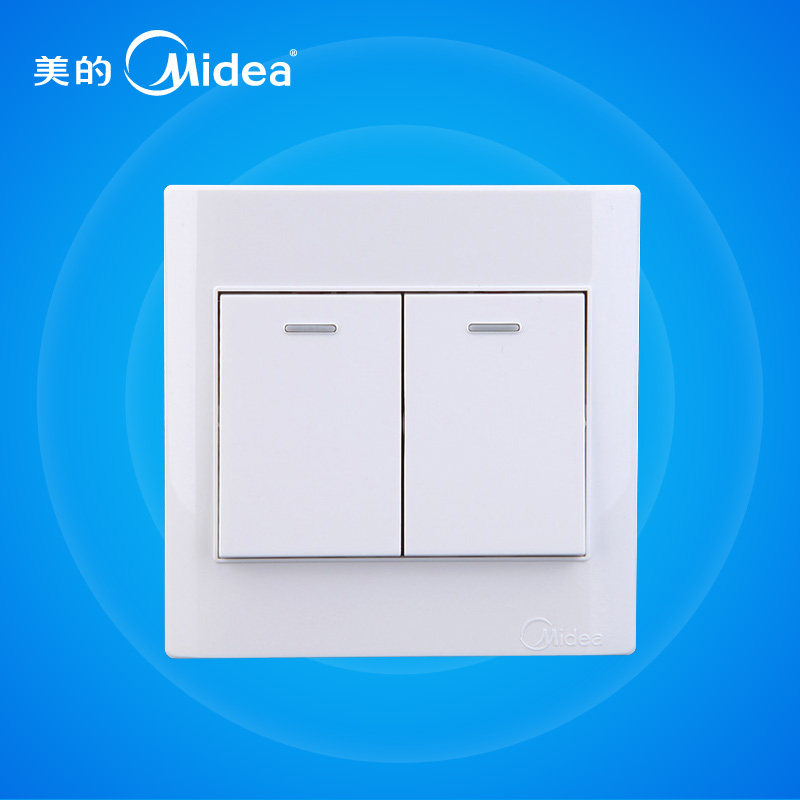 美的86型双开双控开关面板带led指示灯家用床头两位双联来回按钮