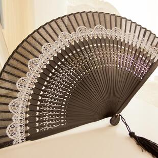 日本日式风江户扇子和服扇折扇女式工艺舞蹈竹柄礼品蕾丝扇子折扇