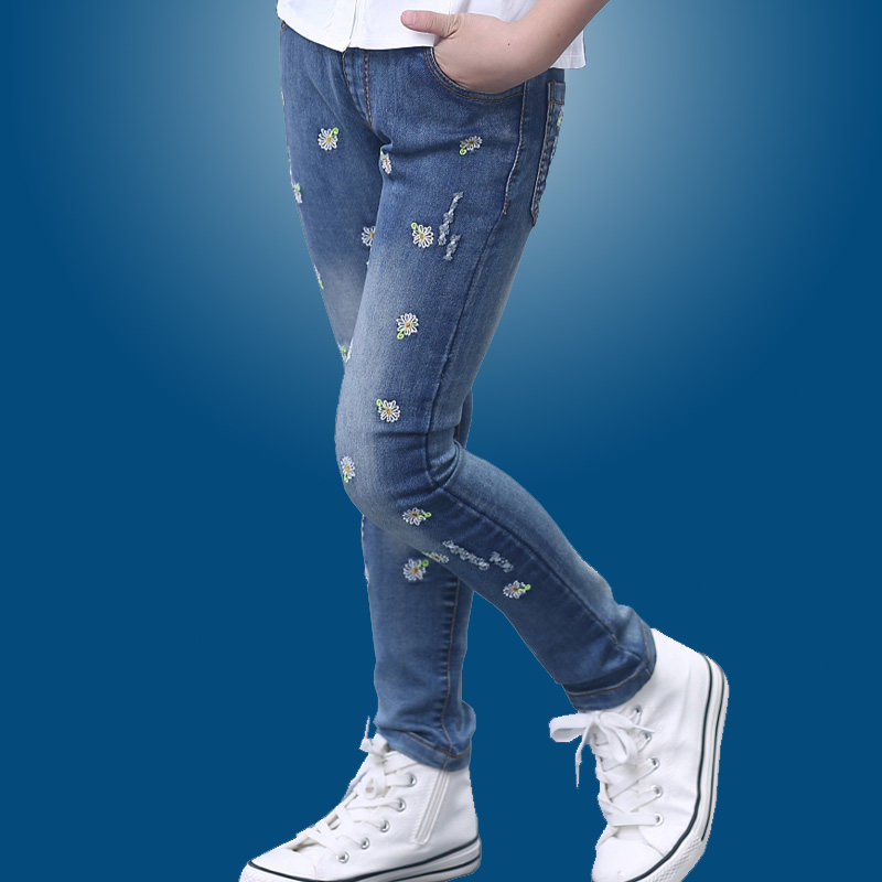 新款童装2017女童春装中大童5-6-7-12岁小女孩休闲牛仔裤长裤修身