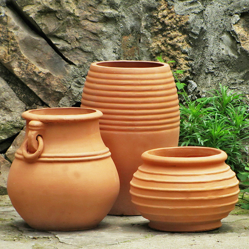户外小陶罐园林景观土陶粗陶红陶盆红陶花盆大庭院摆件组合三件套