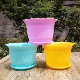 加厚大花盆波浪花边莲花圆形盆栽绿植树脂塑料送托盘三个起包邮