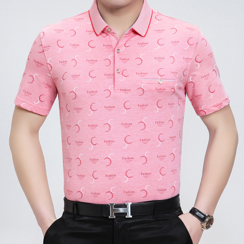 夏季中年短袖t恤男翻领格子半袖polo衫大码男装棉上衣宽松爸爸装