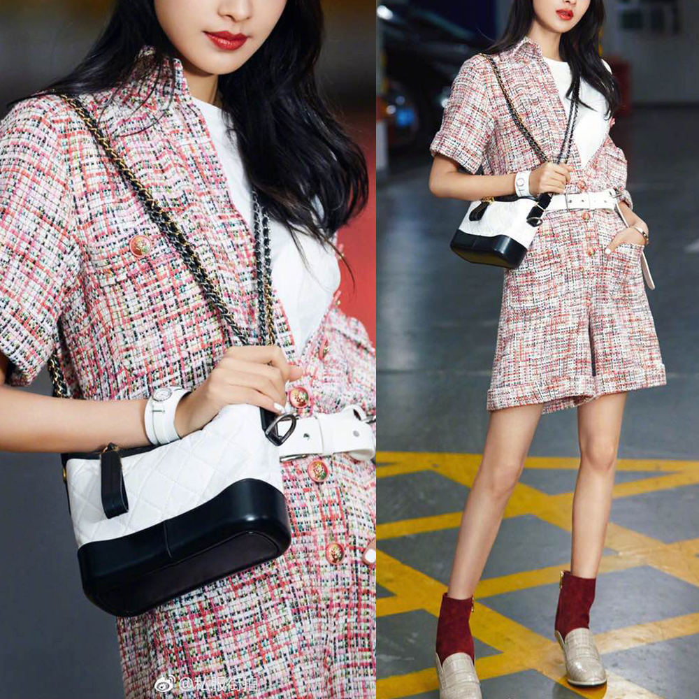 明星赵丽颖同款真皮包包小香流浪包女单肩斜挎菱格链条迷你水桶包