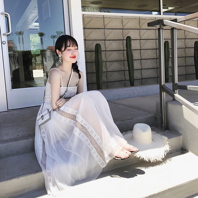 「卢洁云」cariedo夏装2017新款吊带高腰仙女长裙气质露肩连衣裙