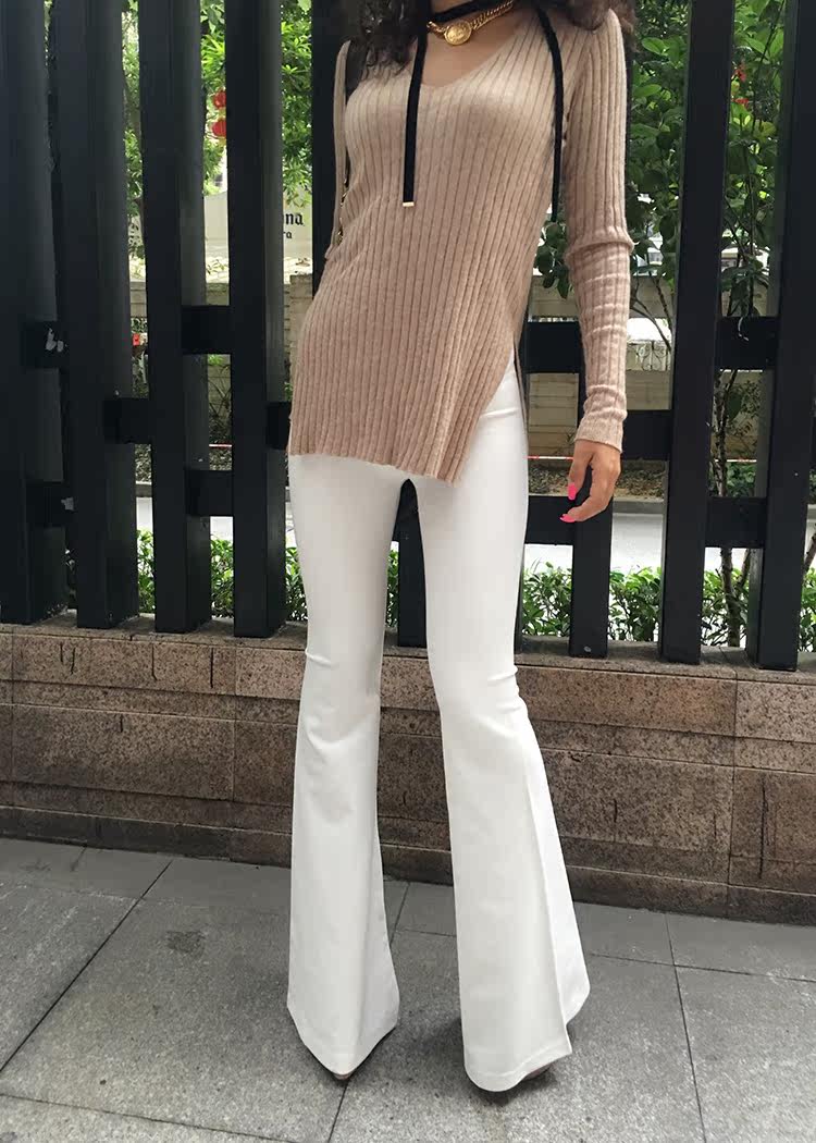 秋冬加厚高腰复古纯白百搭欧美加长弹力显瘦大喇叭裤长裤