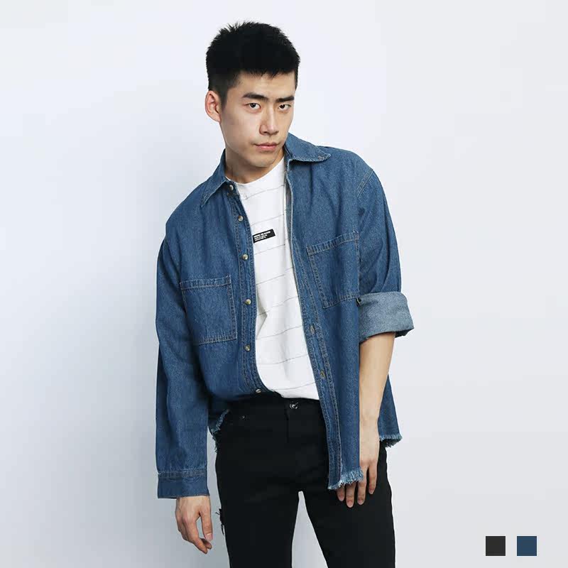 found!f新品牛仔长袖衬衫日韩风个性碎下摆设计潮男青年衬衣外套