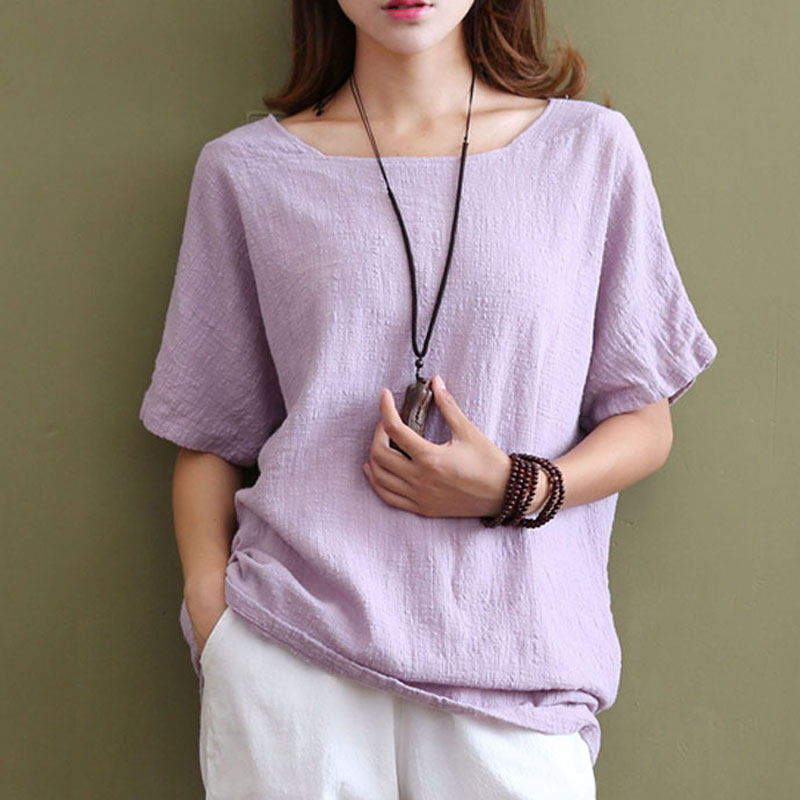 蒲公英/原创棉麻短袖t恤女 文艺纯色圆领宽松大码显瘦亚麻上衣夏