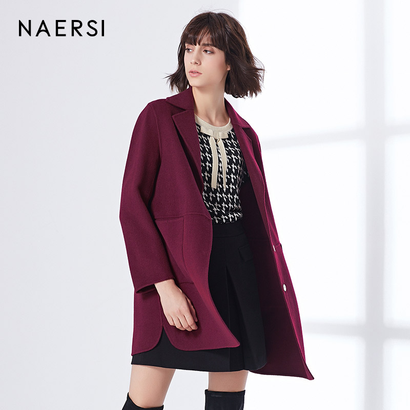 naersi/娜尔思2017冬装新品翻领中长款长袖羊毛双面呢子大衣外套