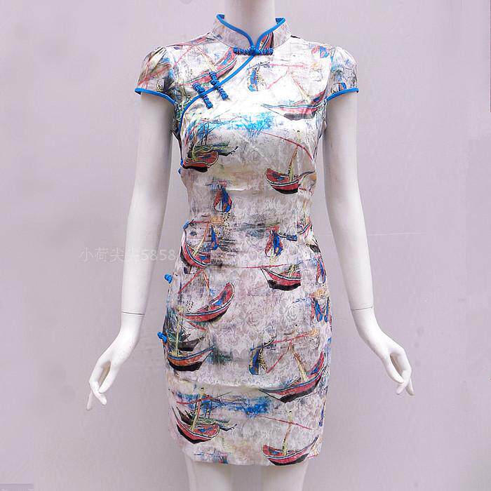 壹美佳人2016夏装新款短袖旗袍连衣裙15101062兰立领古典中式盘扣