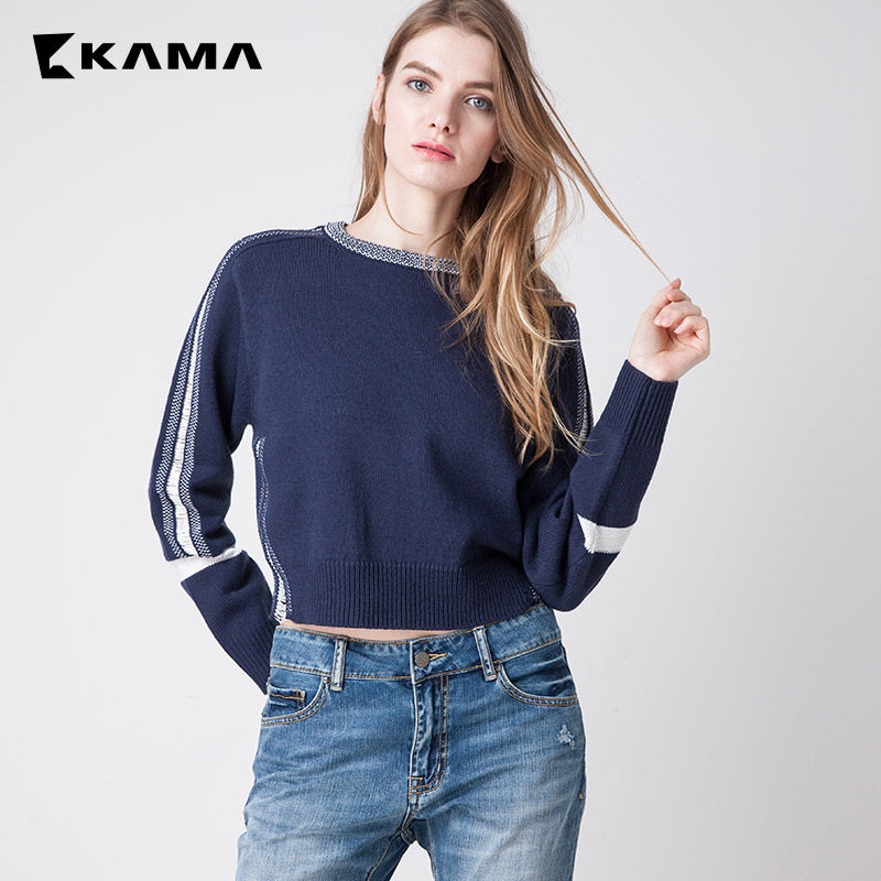 卡玛kama 2016秋冬新品毛针织衫女圆领套头显瘦印花毛衣 7316464
