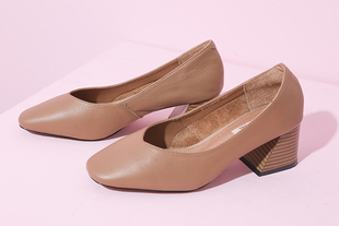 明加加秋季新品时尚百搭ol超舒适浅口圆头牛皮斜方跟中跟鞋