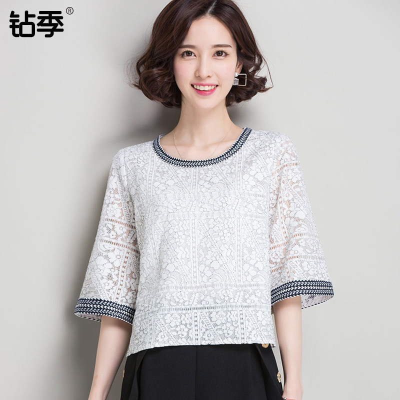 雪纺衫女百搭2017夏季新款韩版女装白色t恤中袖短款喇叭袖上衣潮