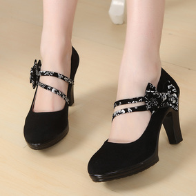 新款老北京布鞋正品 秋新款通勤ol高跟女单鞋舞蹈鞋黑礼仪工作鞋