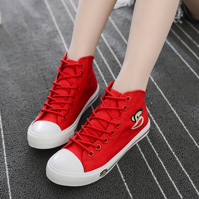 新款2015夏季高帮女帆布鞋 大嘴猴板鞋红色帆布鞋学生平底休闲鞋