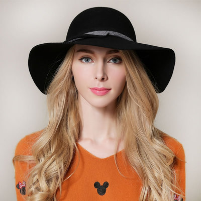 加厚挺阔帽檐圆顶宽沿大边毛呢礼帽 女士皮带装饰简约帽子宽檐帽