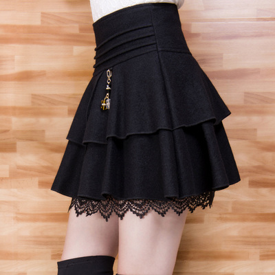 2015秋冬装新款女士蓬蓬裙蕾丝花边半身裙冬天毛呢短裙女呢子裙子