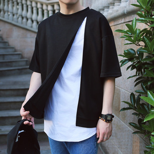 t恤 wake 暗黑黑白叠穿宽松落肩t恤男 up原创男装设计 夏季短袖简约