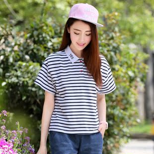 青少年少女中学生夏装13-14-15-16-17岁初中高中生休闲条纹短袖