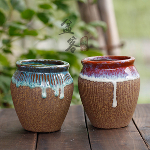 买二赠一紫砂多肉花盆酒坛造型收口桌面迷你绿植陶瓷盆