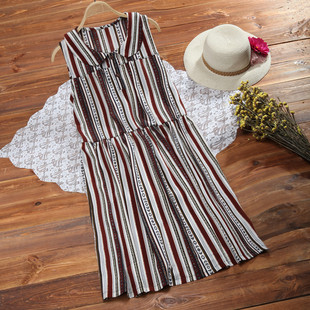 货到付款2016新款夏装娃娃领无袖条纹连衣裙 350525