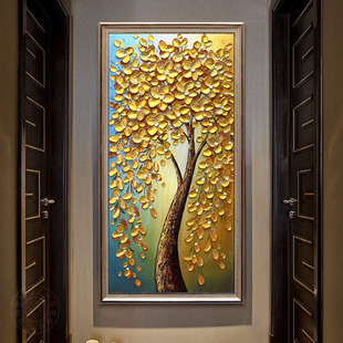 玄关装饰画纯手绘油画竖版抽象走廊过道客厅壁挂画金色立体发财树