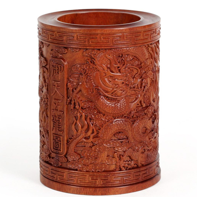 木石有约 木雕工艺品红木摆件御天五龙笔筒 龙年礼物商务礼品新款